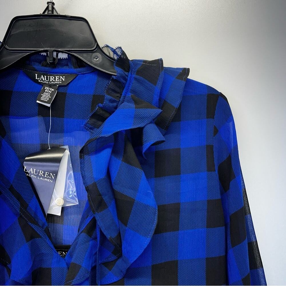 Lauren Ralph Lauren Buffalo Check Ruffled Georgette blouse blue black - XS - Picture 5 of 12